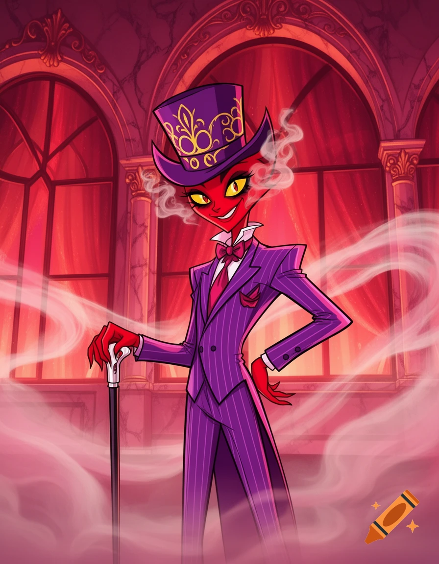 A red demon in a purple pinstripe suit and top hat smirks, holding a cane, surrounded by smoke in a grand hall.