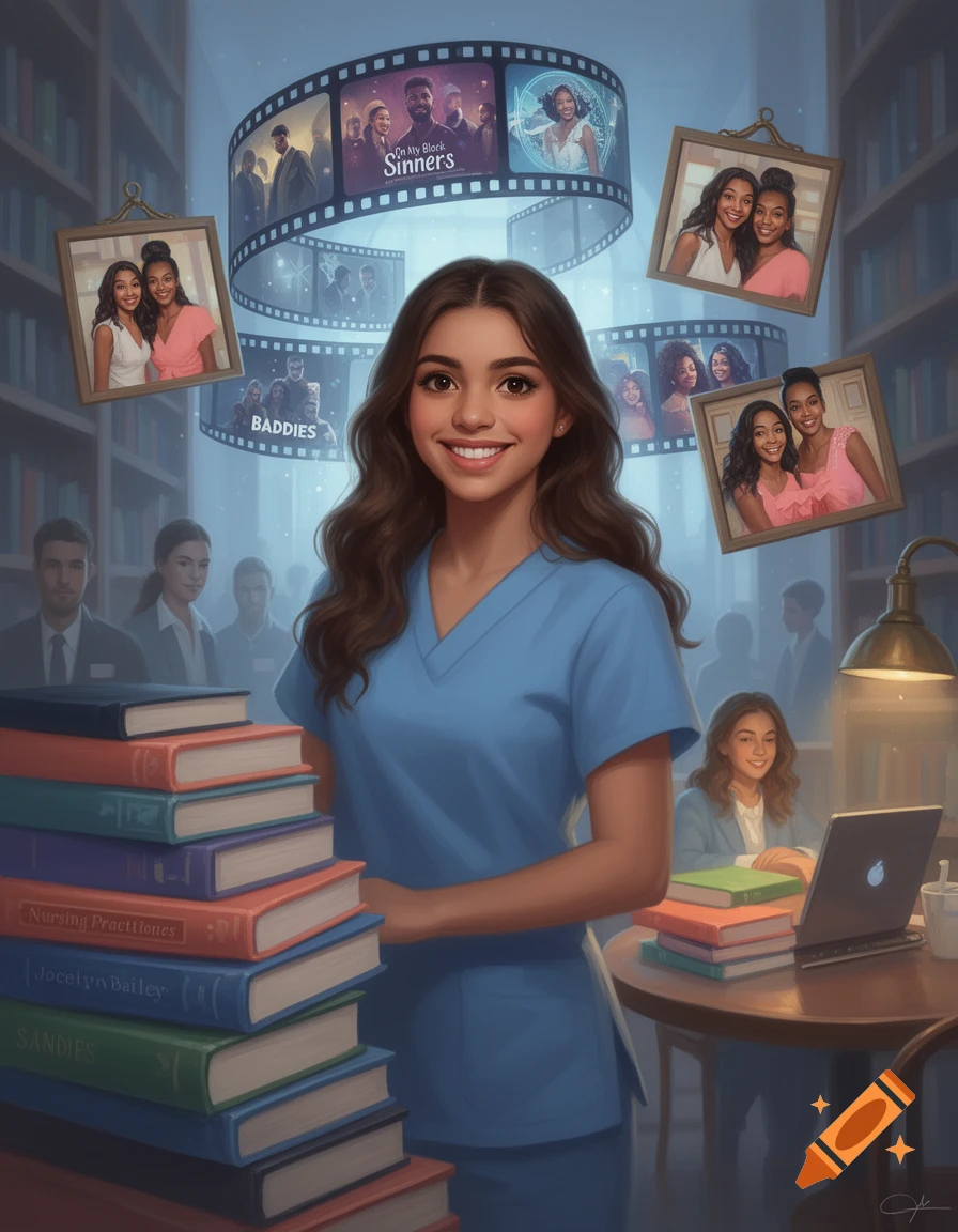 Smiling woman in blue scrubs in a library, next to books, with film strips and photos of friends floating around.