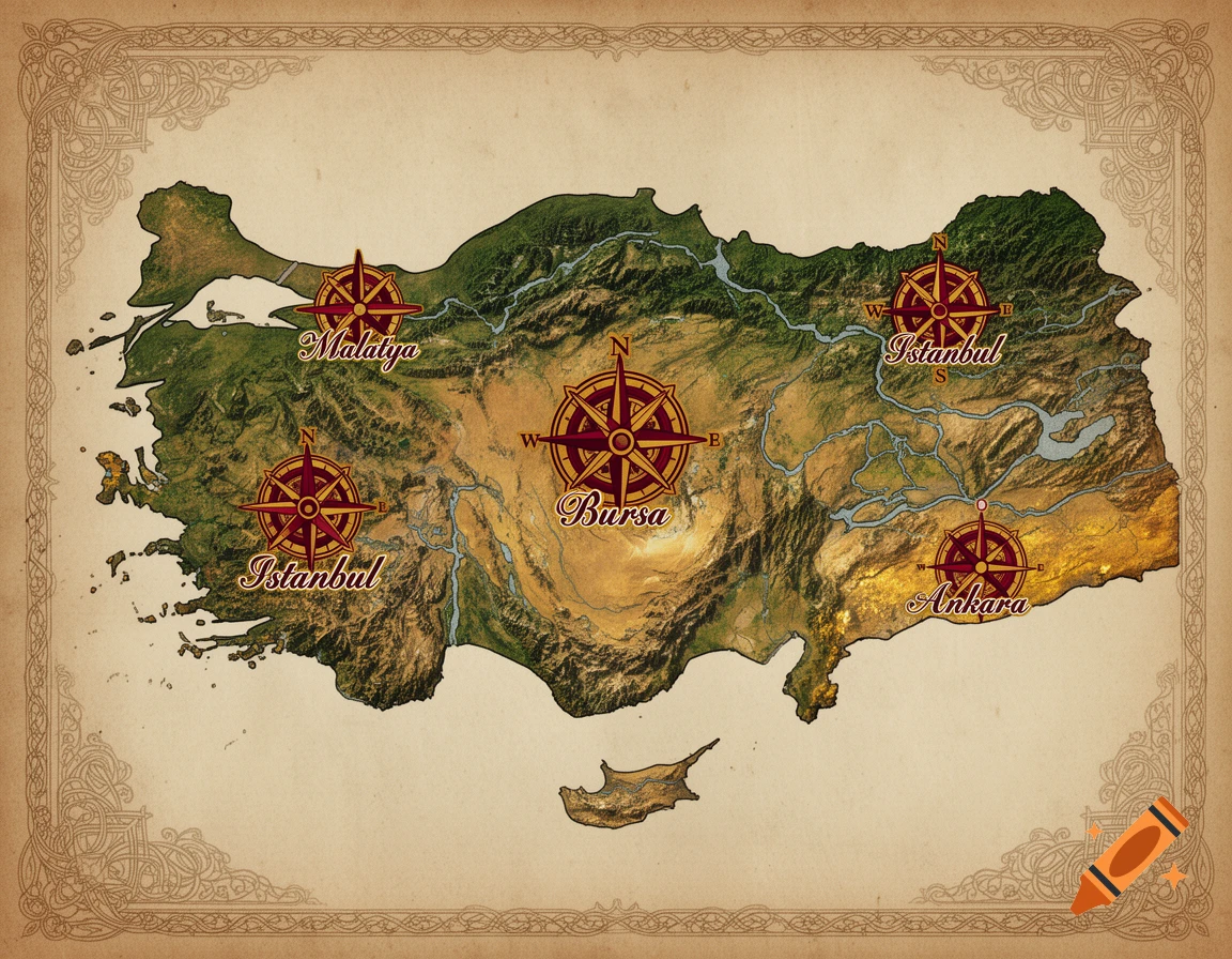 Vintage-style map of Turkey with relief, rivers, and cities Malatya, Istanbul, Bursa, and Ankara marked by compass roses.