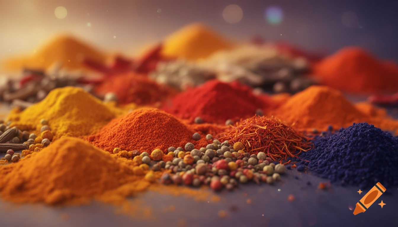 A dreamy, soft-focus close-up of vibrant spice mounds including turmeric, chili, saffron, and indigo powder with bokeh.