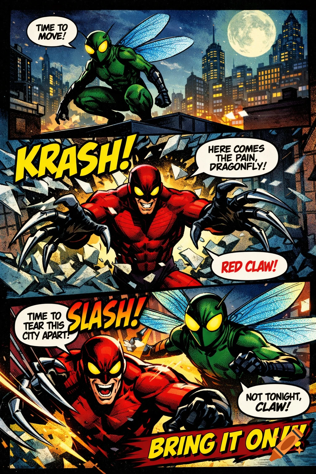Comic Insect Page A multi-panel comic book page depicts a green insect-themed superhero ...