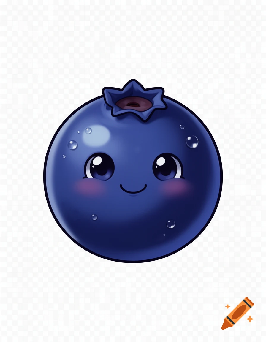 A cute cartoon blueberry with a smiling face, big eyes, pink blush, and water droplets on a transparent background.