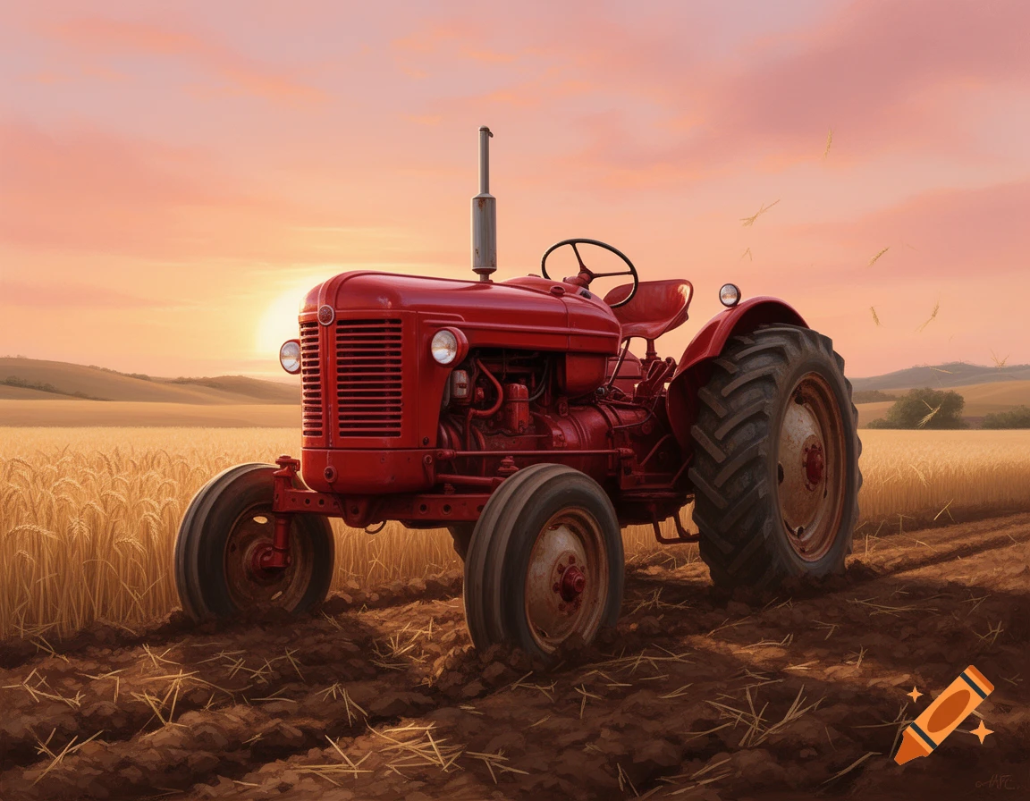 A vibrant red vintage tractor sits in a golden wheat field with a dirt path during a warm sunset, realistic digital painting.