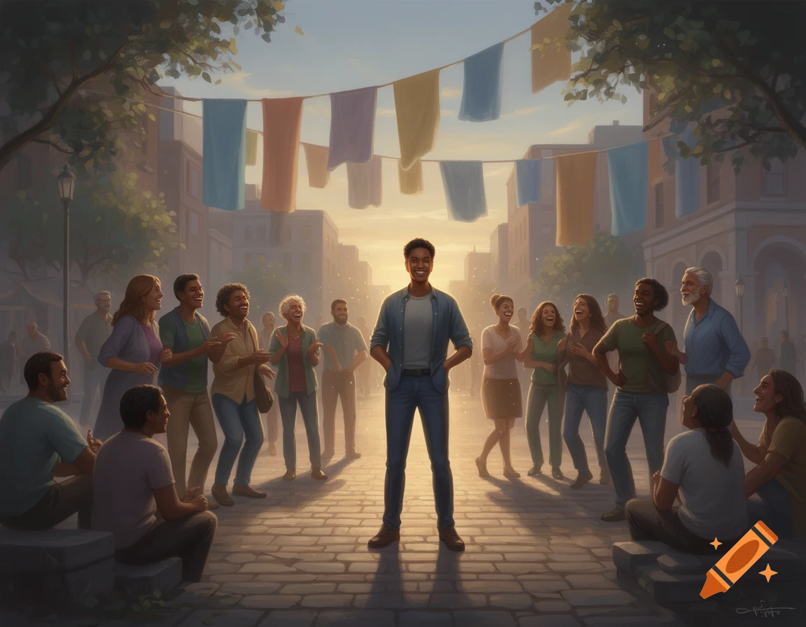 An illustration of a diverse group of smiling adults gathered in a sunlit street, centered on one man, with banners overhead.