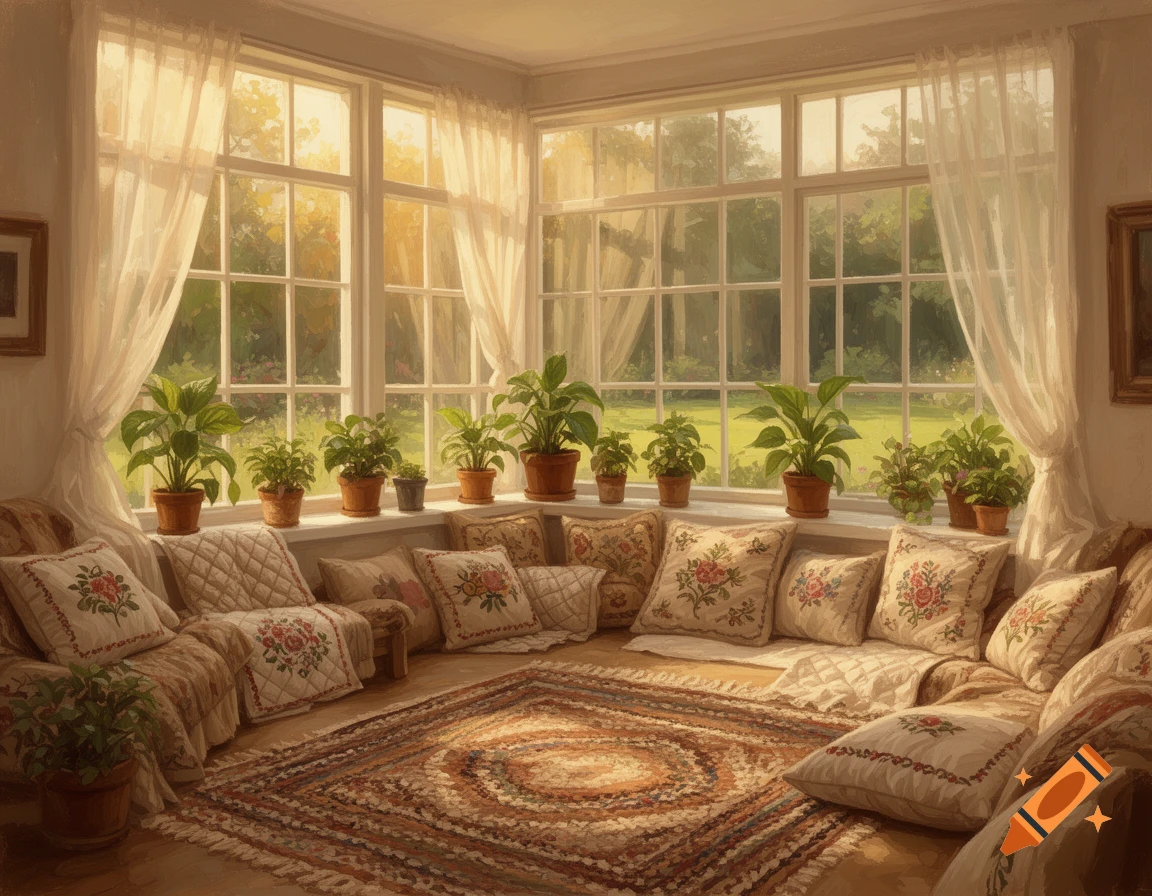 A bright, cozy room with large windows overlooking a green garden, filled with potted plants, plush floral cushions, and a patterned rug, bathed in warm sunlight.