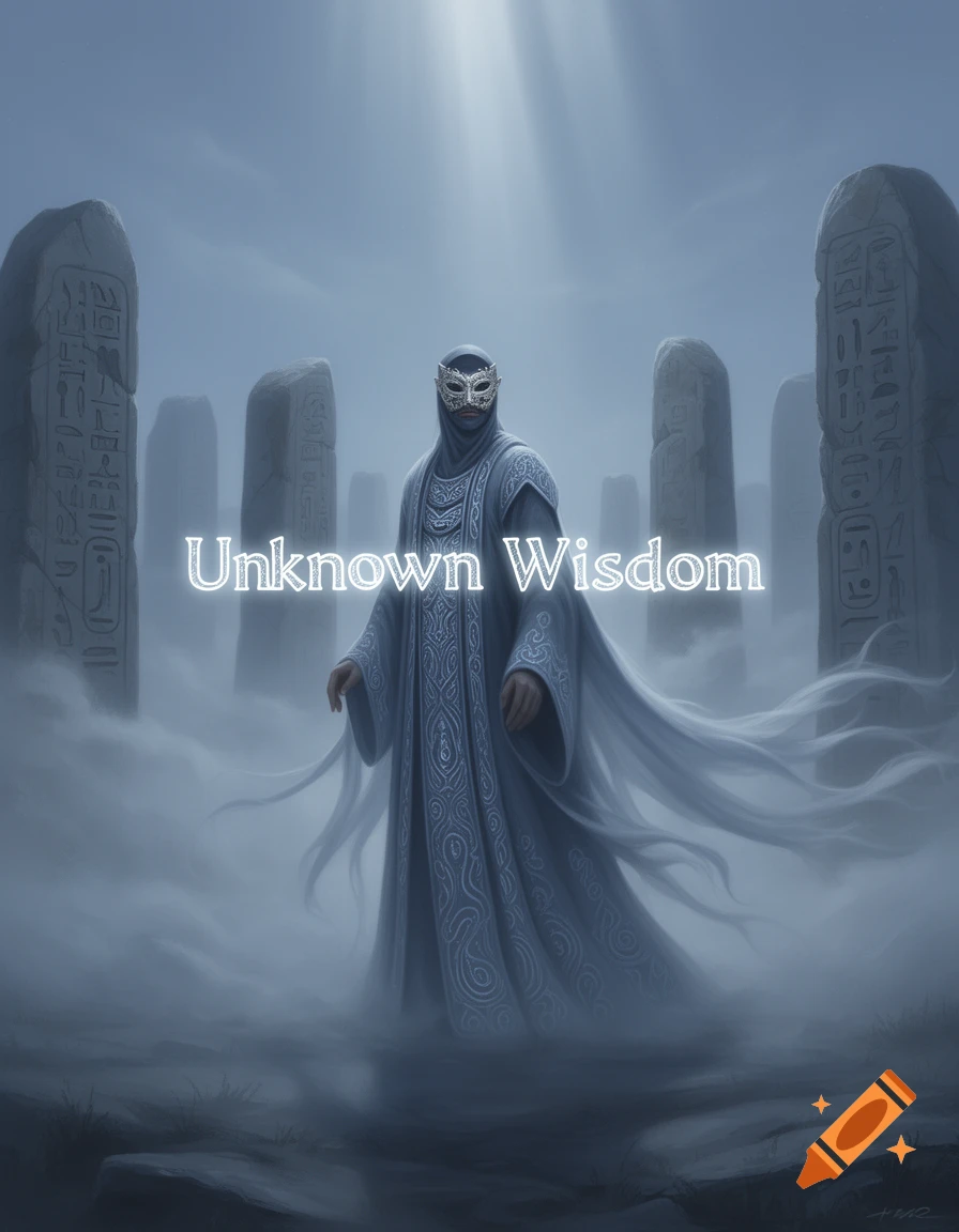 A masked figure in white robes stands amidst ancient stone monoliths in a misty, ethereal landscape under a beam of light. Text reads 'Unknown Wisdom'.