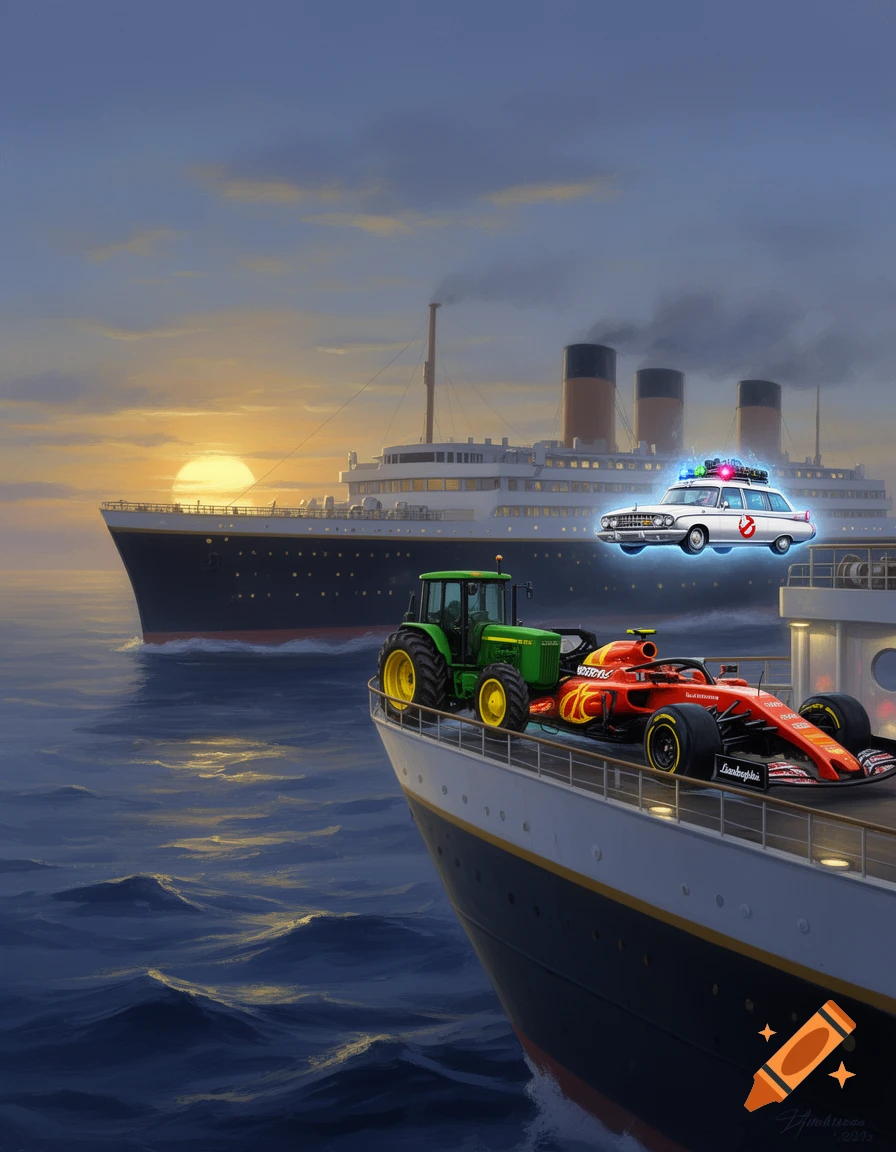An F1 race car and a green John Deere tractor are loaded on the deck of a Titanic-like ship, with another Titanic-like ship and a Ghostbusters Ecto-1 car in the background during sunset on the ocean.