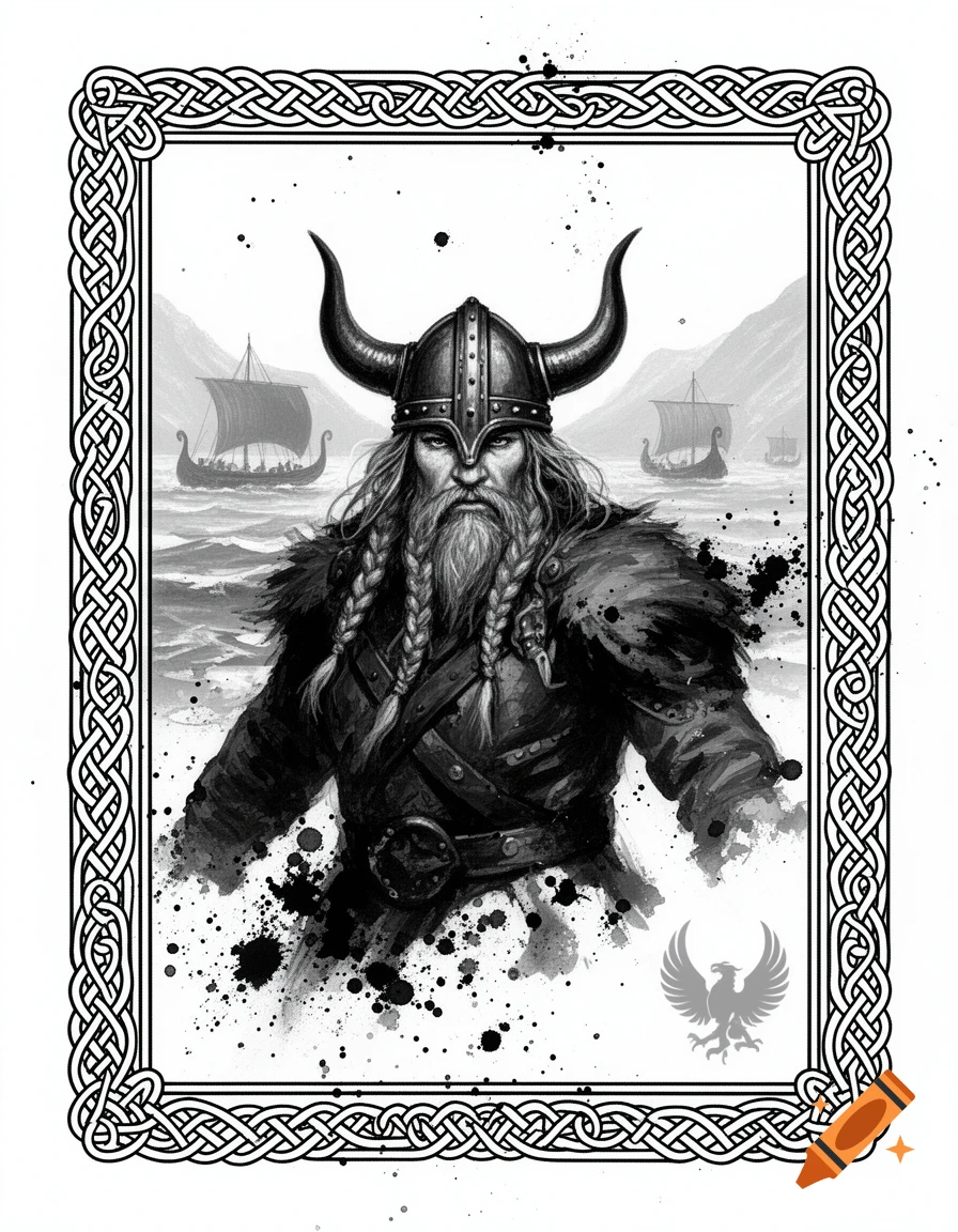 Black and white illustration of a Viking warrior with a horned helmet, braided beard, and armor, surrounded by longships and framed by a Celtic knot border.