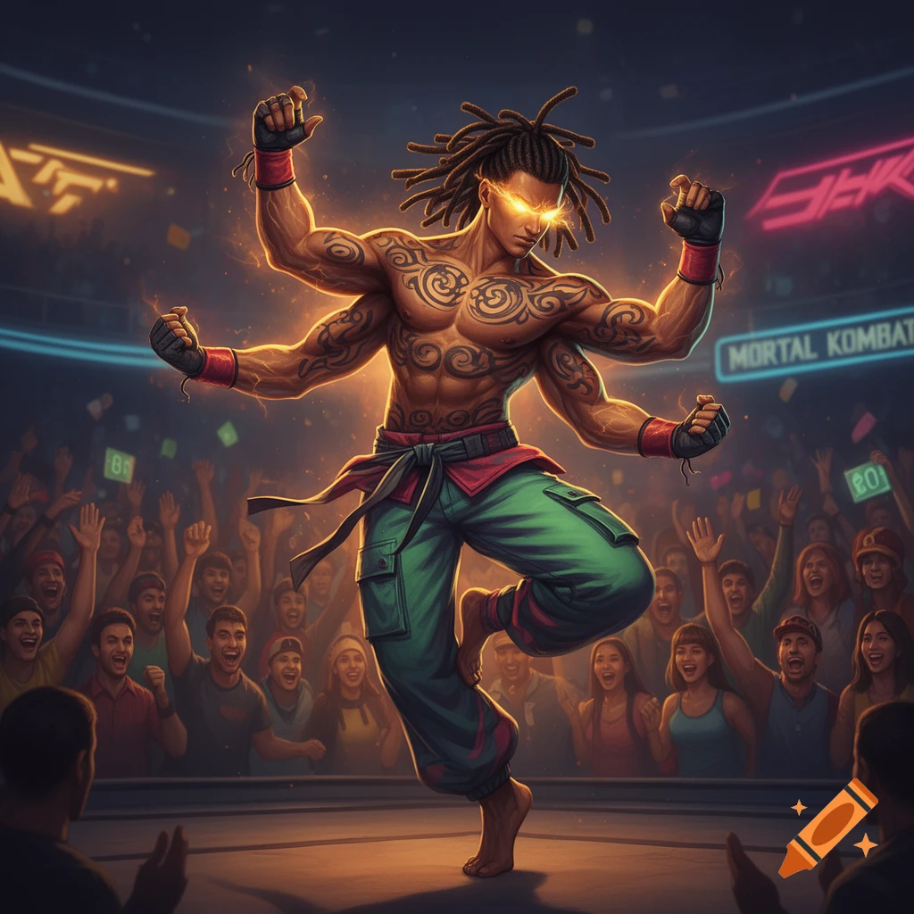 A muscular character with four arms and glowing eyes, wearing green pants and tattoos, striking a pose in a fighting arena with a cheering crowd and neon signs.