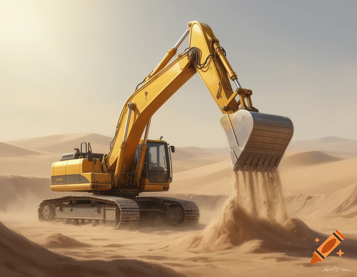 A yellow excavator with a large bucket digs sand in a vast, sandy desert under a clear sky.