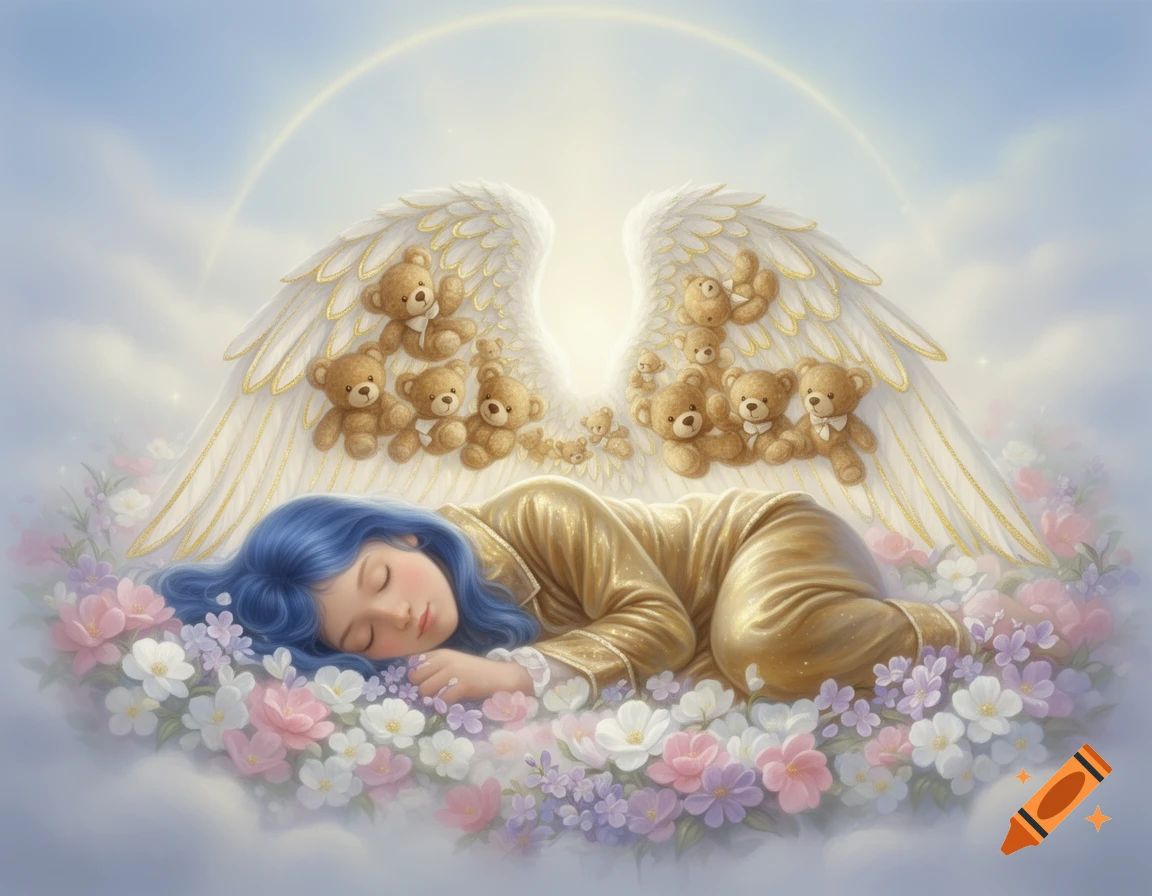 Blue-haired angel in golden pajamas sleeps on a flower bed, with teddy bears nestled on her white wings in a dreamy scene.