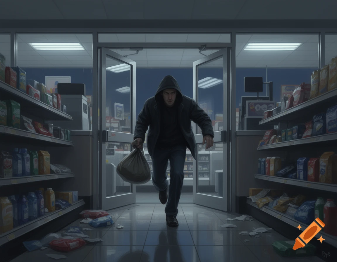 A hooded man flees a dim convenience store with a large bag, leaving items scattered.