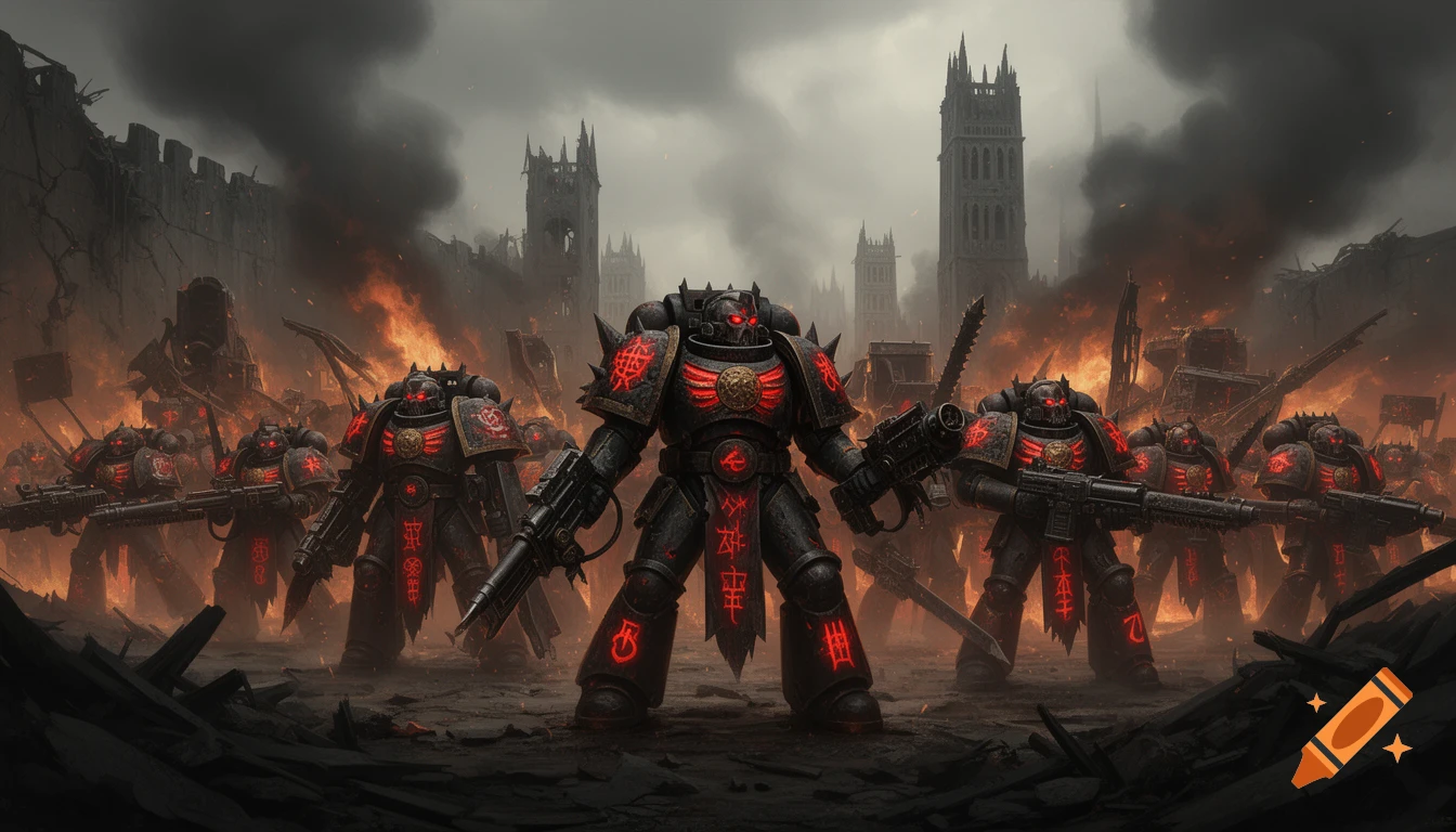 A legion of heavily armed Chaos Space Marines with glowing red runes stands amidst a devastated, burning city.