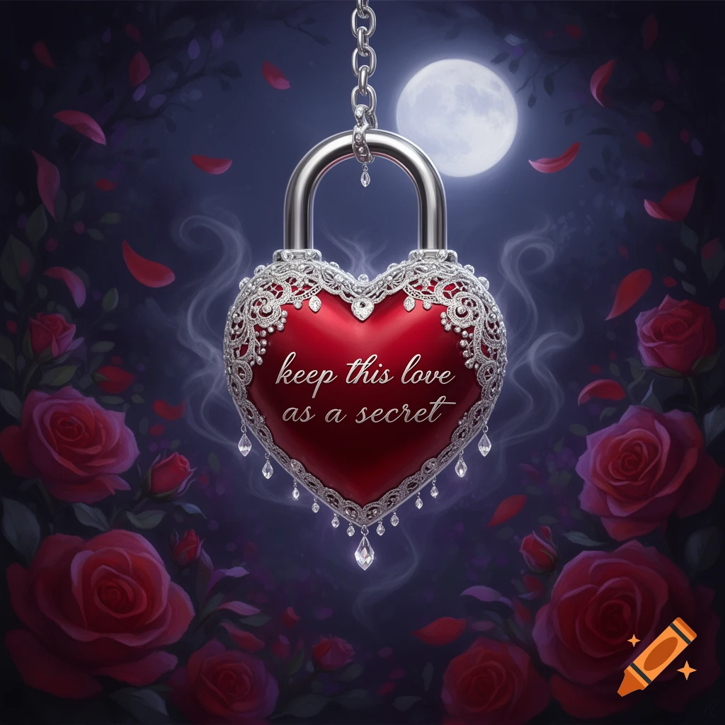An ornate silver and red heart padlock with 'keep this love as a secret' text, surrounded by red roses and a full moon at night.