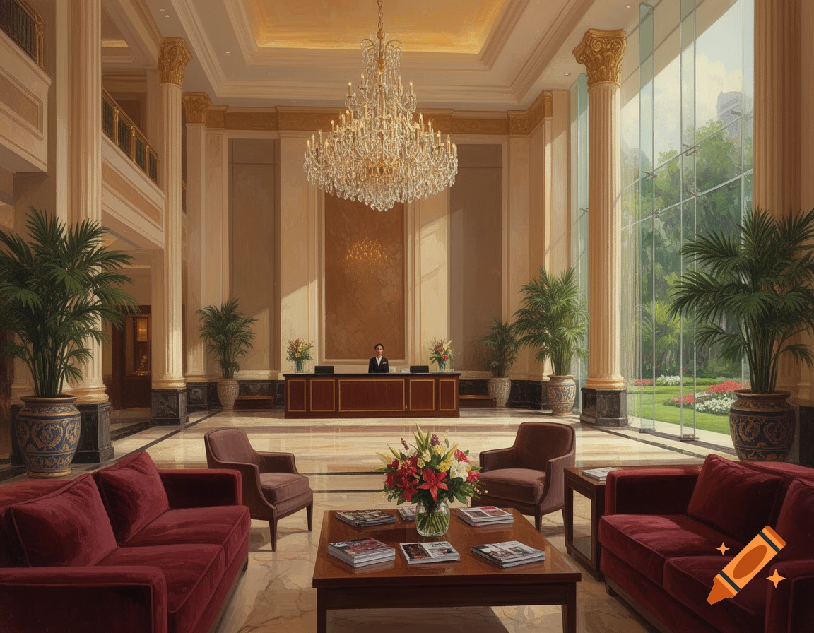 A luxurious hotel lobby with high ceilings, grand columns, a large chandelier, and plush red sofas. Large windows overlook a garden.