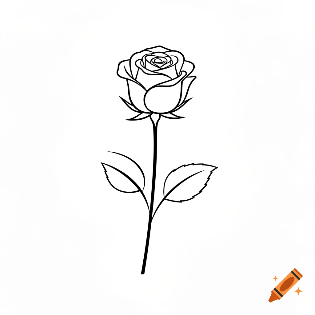 Black outline drawing of a single rose with a stem and leaves.