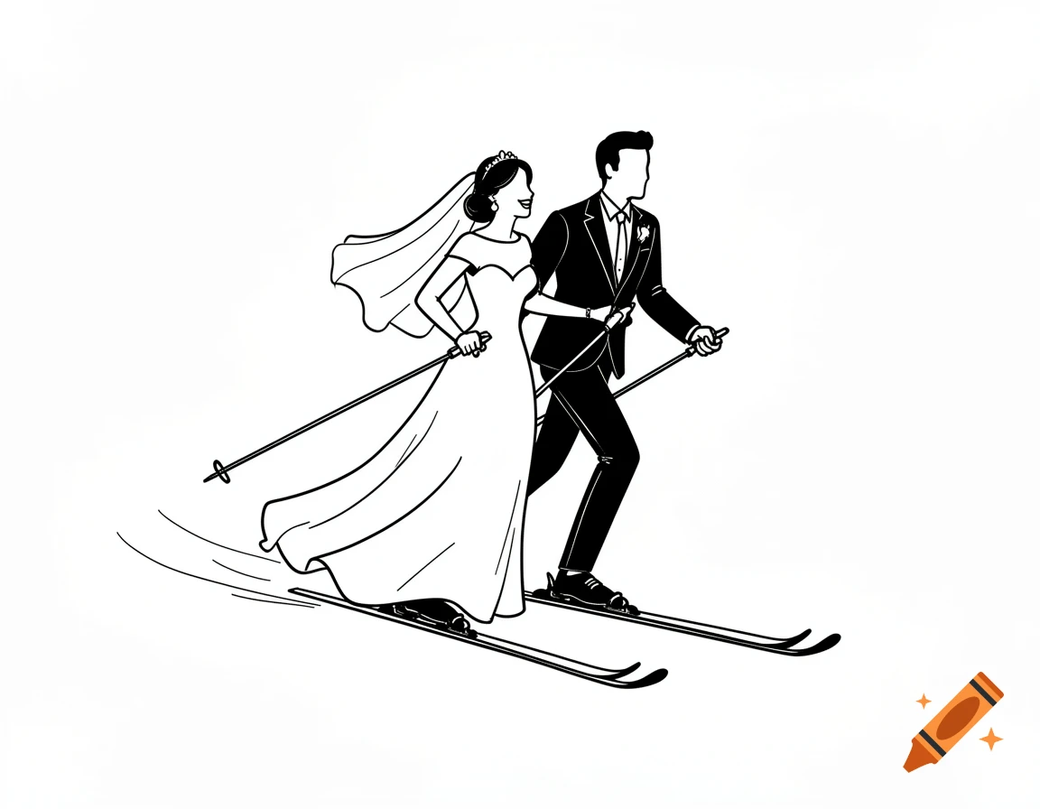 Black and white line art illustration of a bride and groom skiing.