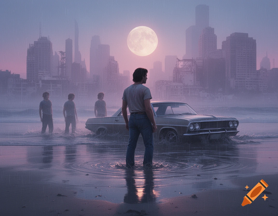 A man stands in shallow water at dusk, looking at a vintage car and three figures in the distance, against a city skyline under a full moon.