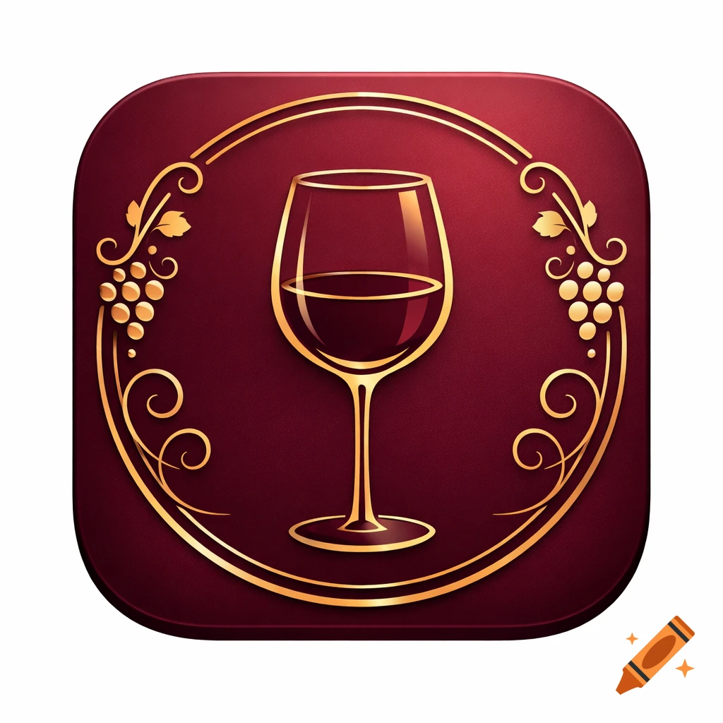 A stylized app icon with a gold wine glass and grapevines on a dark red textured background.