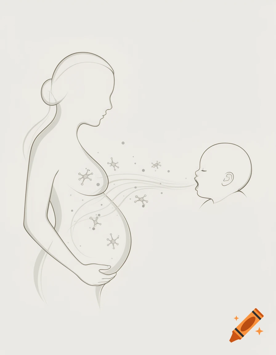 Minimalist line art illustration of a pregnant woman and a baby, with flowing shapes symbolizing maternal protection.