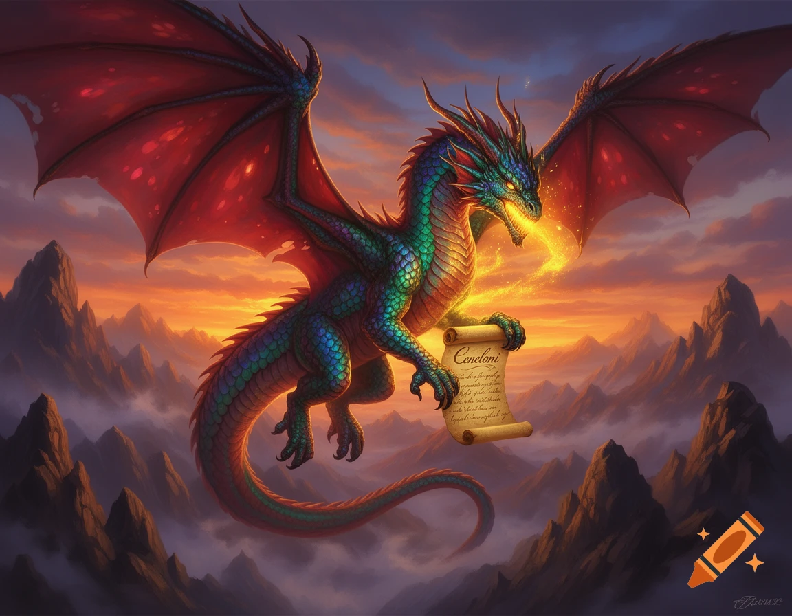 A vibrant green and red dragon with glowing eyes breathing fire ...