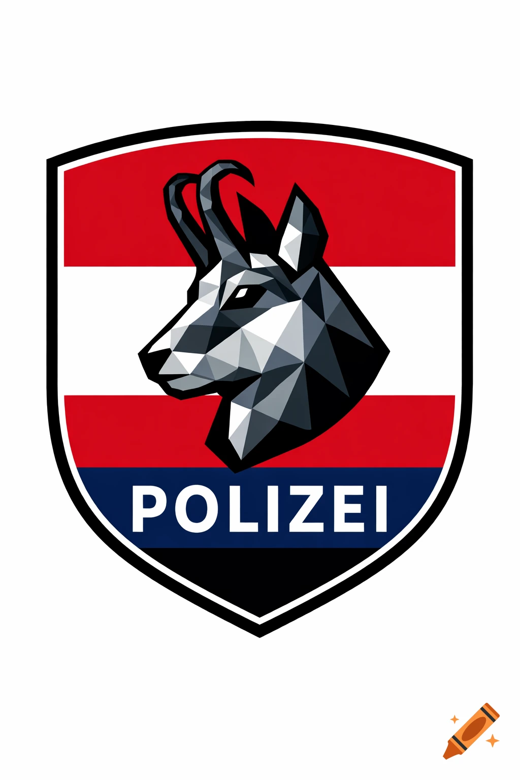 Low-poly chamois head on a red, white, and blue police shield with 'POLIZEI' text.