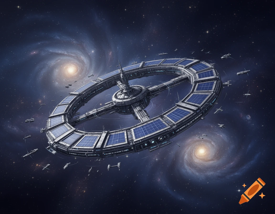 A large, ring-shaped futuristic space station with solar panels orbits ...