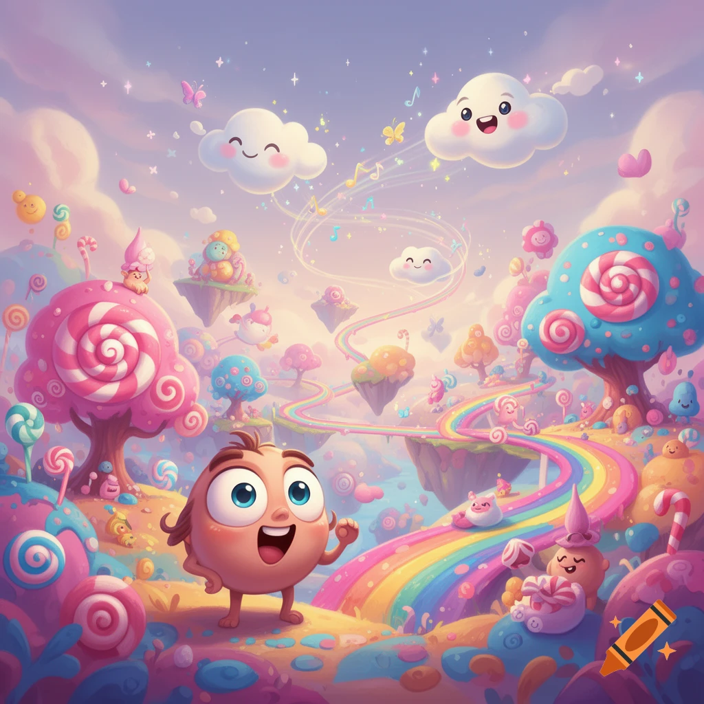 A cheerful cartoon character with big eyes in a vibrant candy land with lollipop trees, rainbow roads, and smiling clouds.