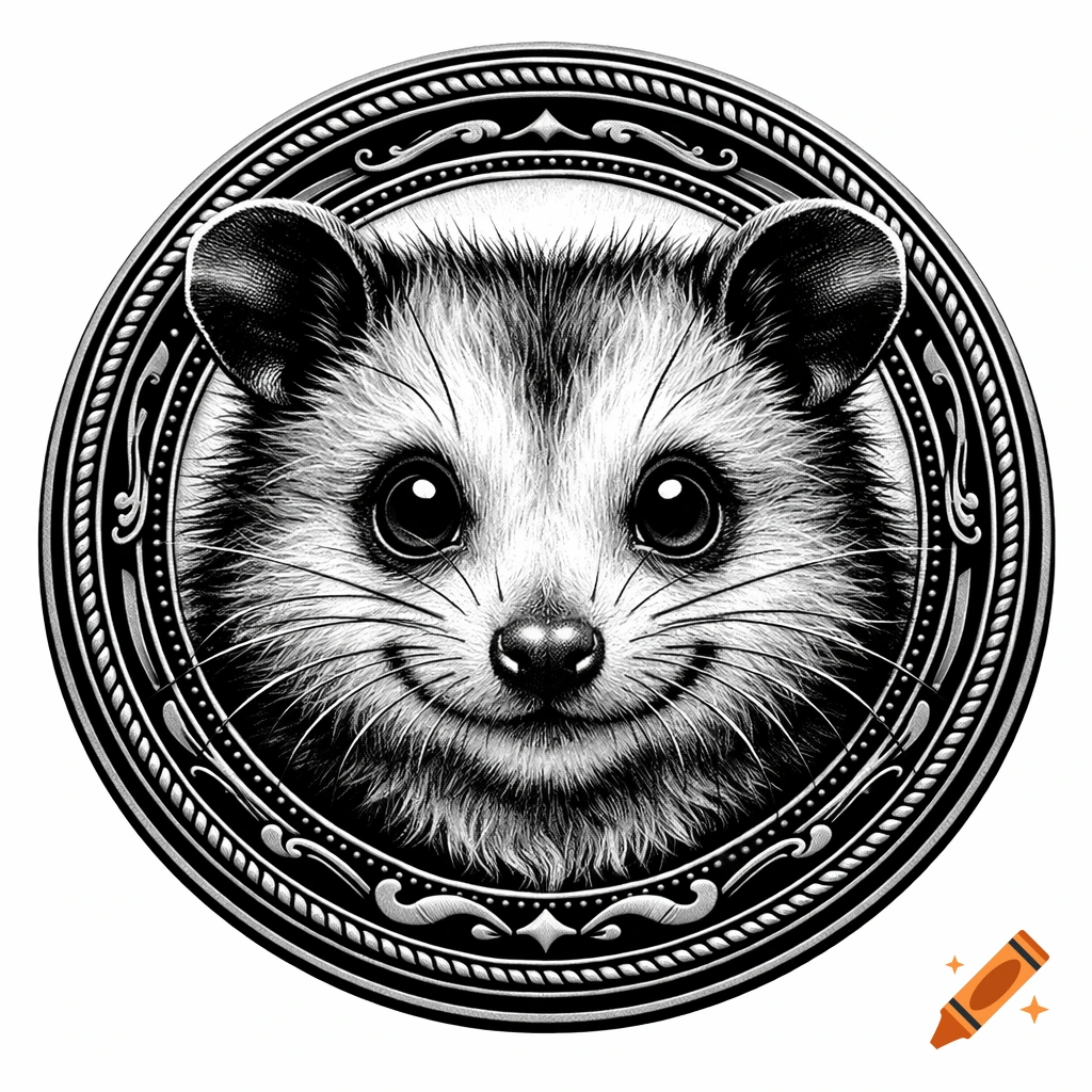 Black and white illustration of a cute possum's face with big eyes, framed within a decorative circular badge.