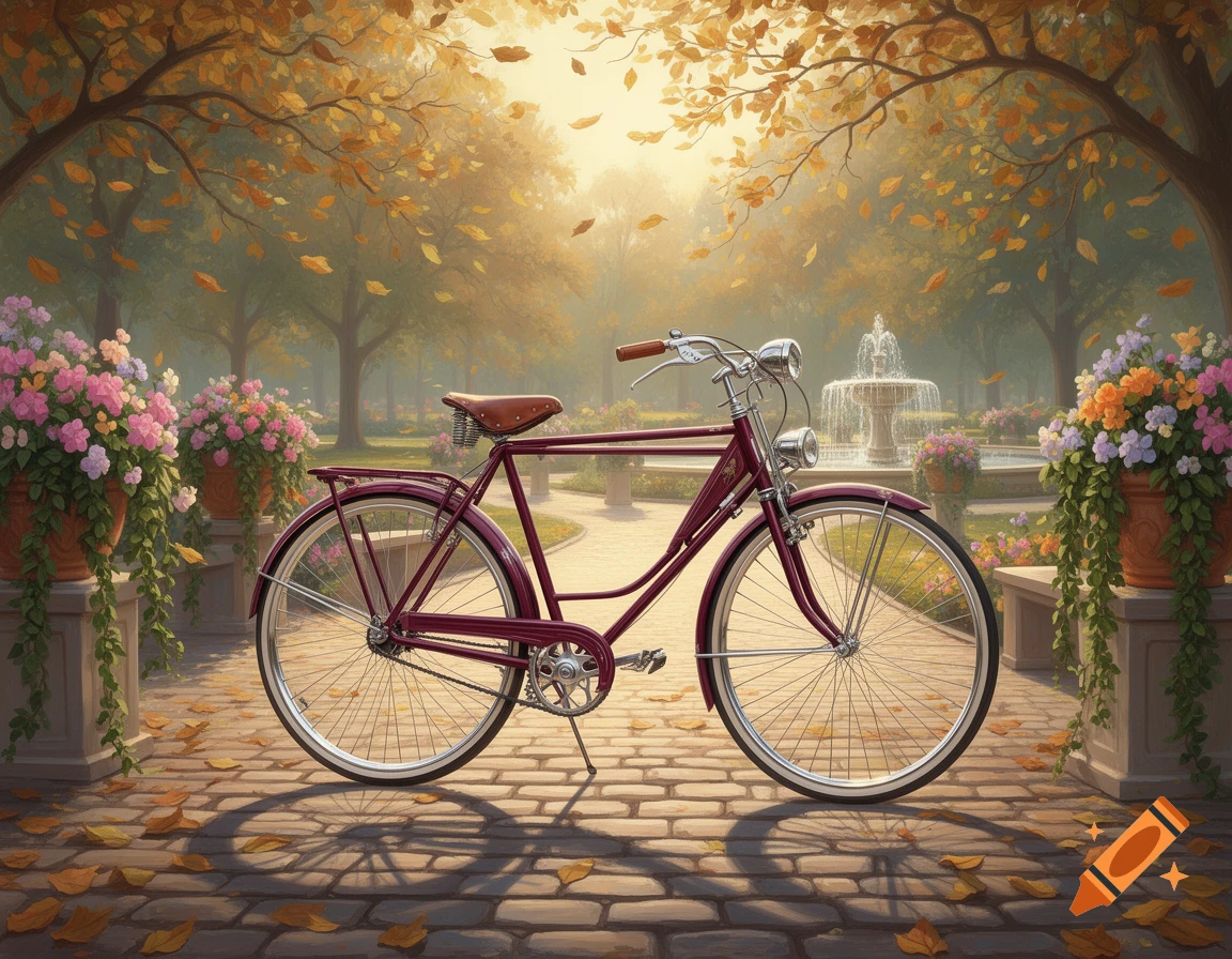 A vintage red bicycle stands on a cobblestone path in an autumn park with falling leaves, flower pots, and a fountain in the background. Painterly style.