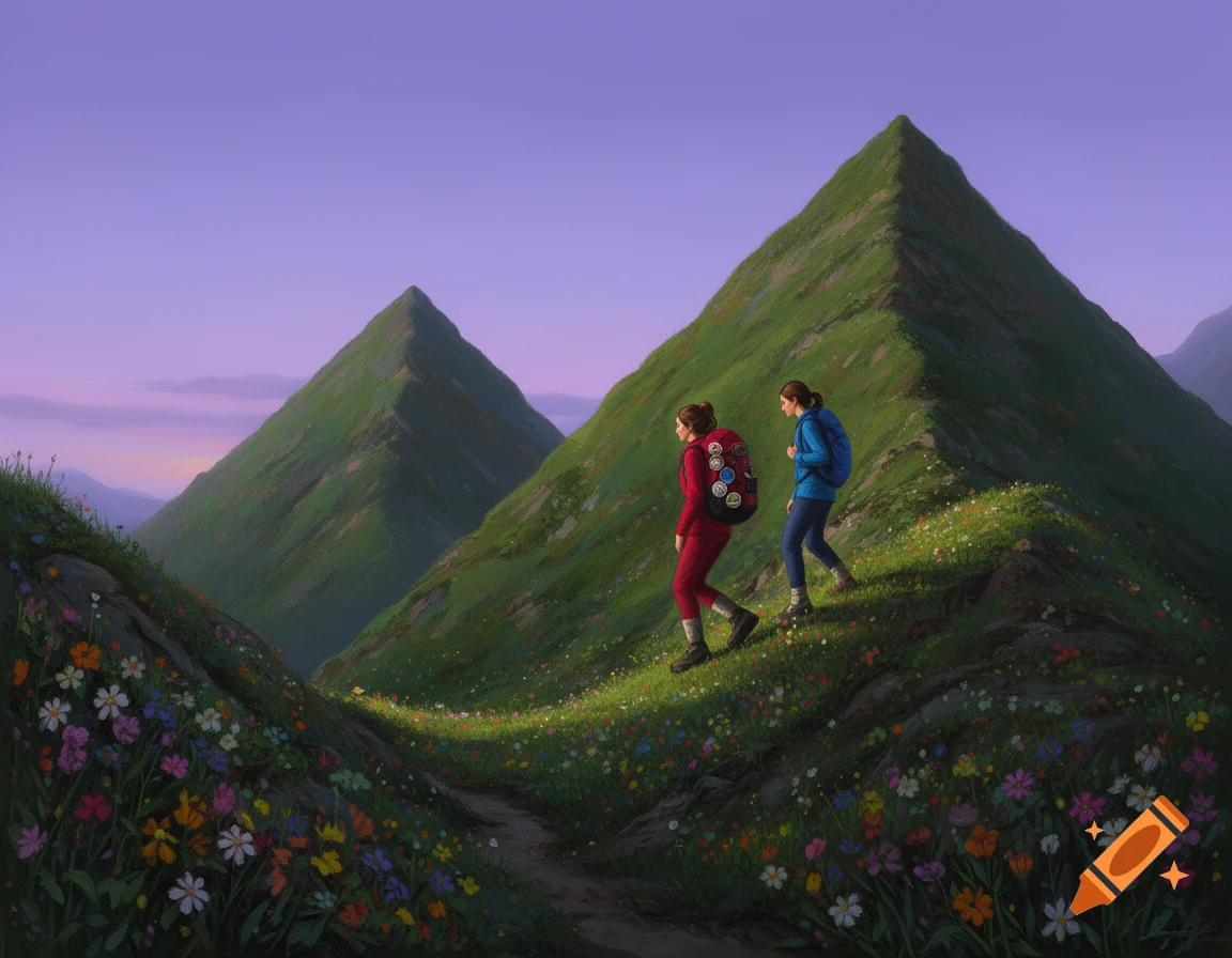 Two women with backpacks hike along a winding trail on a vibrant green mountain ridge, with colorful wildflowers and other triangular peaks against a purple sky.