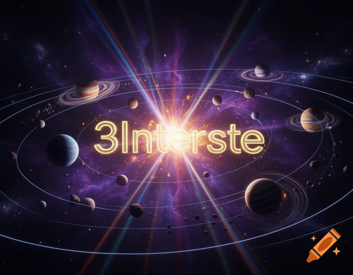 Cosmic scene with planets orbiting a central bright light, with the glowing text '3Interste' in the center.
