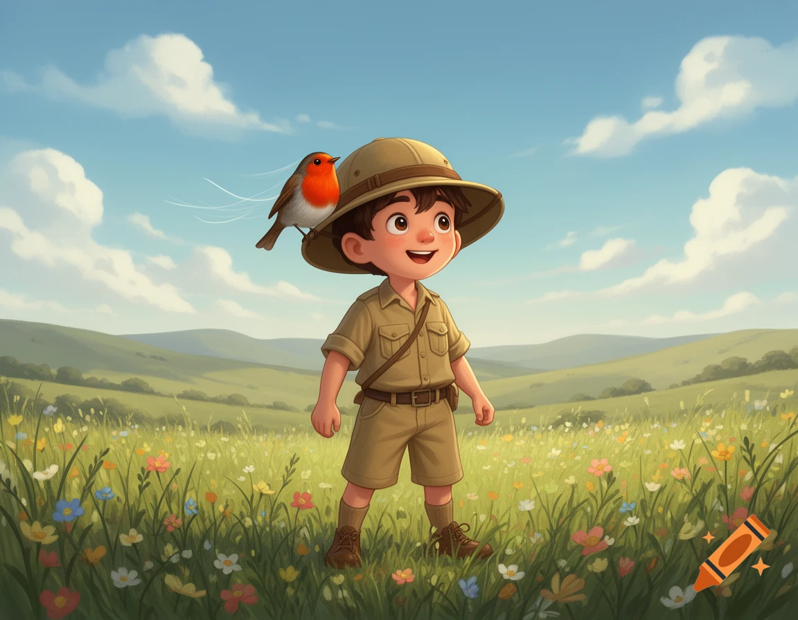 A happy cartoon boy in a safari hat with a Red Robin on it stands in a ...