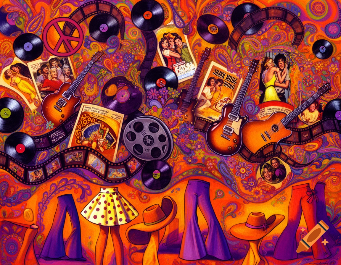 A vibrant psychedelic collage representing 1960s culture with guitars, vinyl records, film reels, peace symbols, posters, and bell-bottom pants on an orange and purple paisley background.