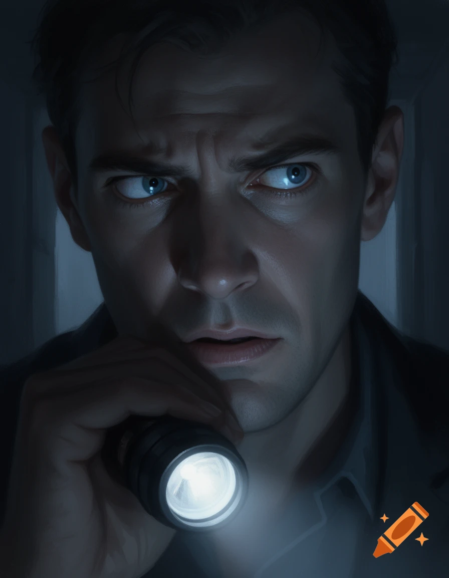Close-up digital painting of a man with blue eyes, looking intently into darkness while holding a lit flashlight under his chin.