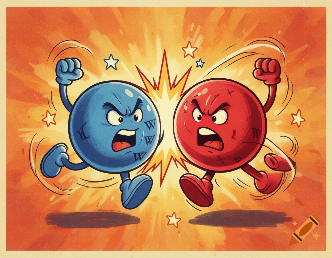 Cartoon-style illustration of an angry blue sphere punching an angry red sphere amidst energy bursts and stars, in a retro comic book style.