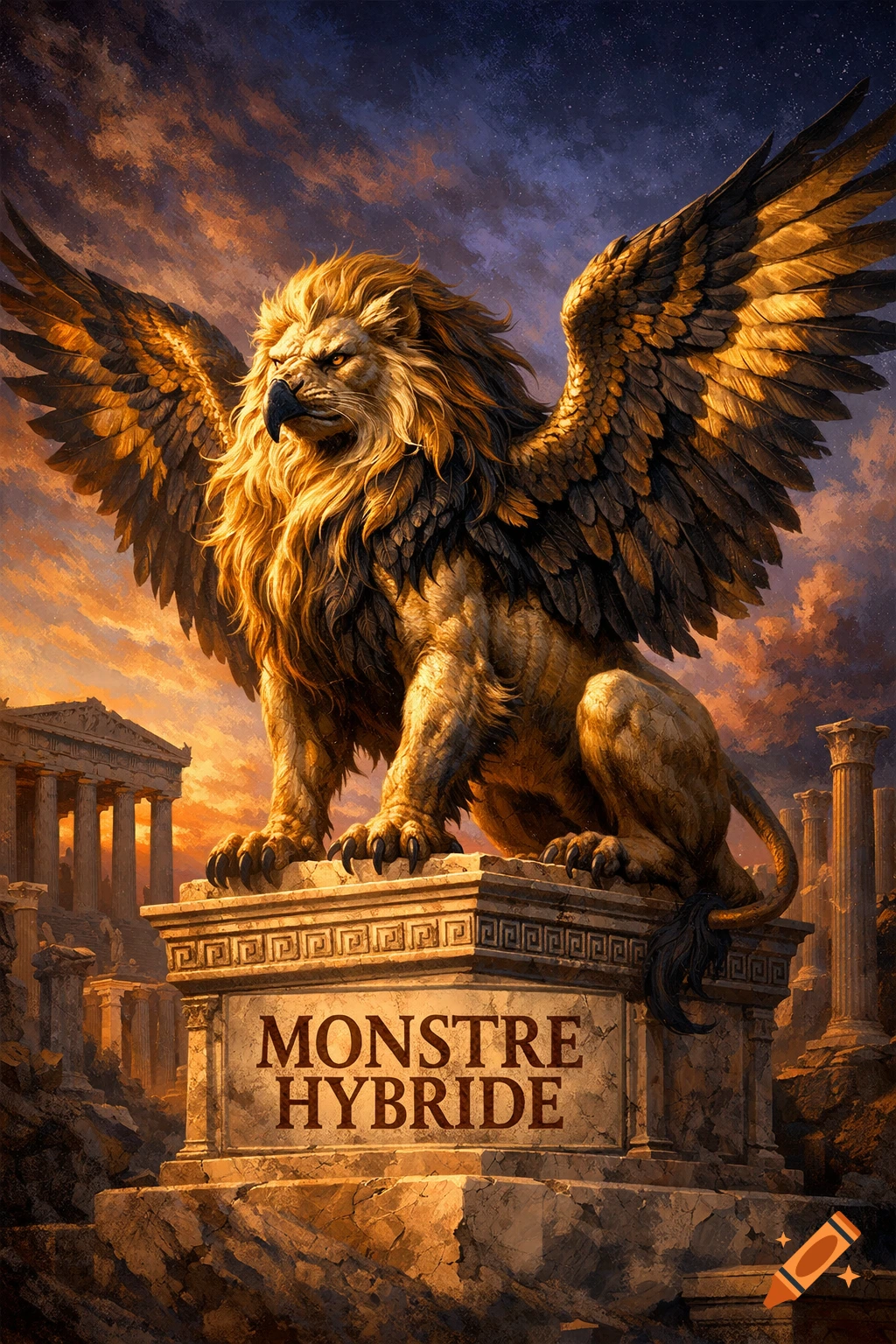 A majestic winged lion-eagle hybrid stands on a stone pedestal with "MONSTRE HYBRIDE" carved into it, surrounded by ancient ruins at sunset.