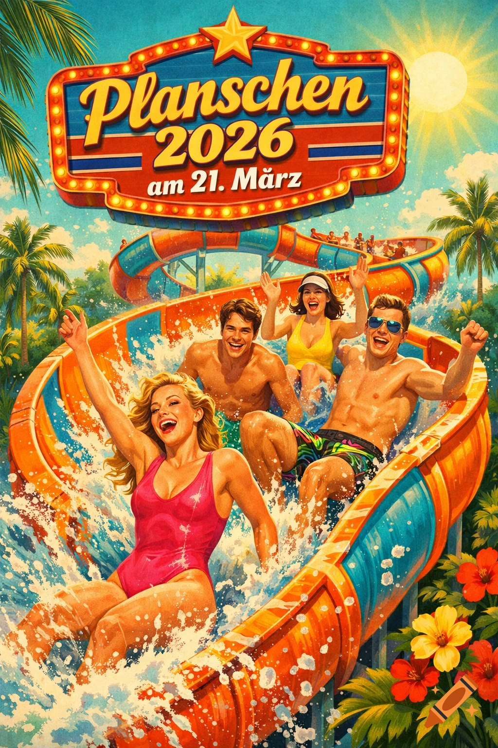 Retro illustration of cheerful friends splashing down a water slide under a 'Planschen 2026 am 21. März' sign with palm trees.