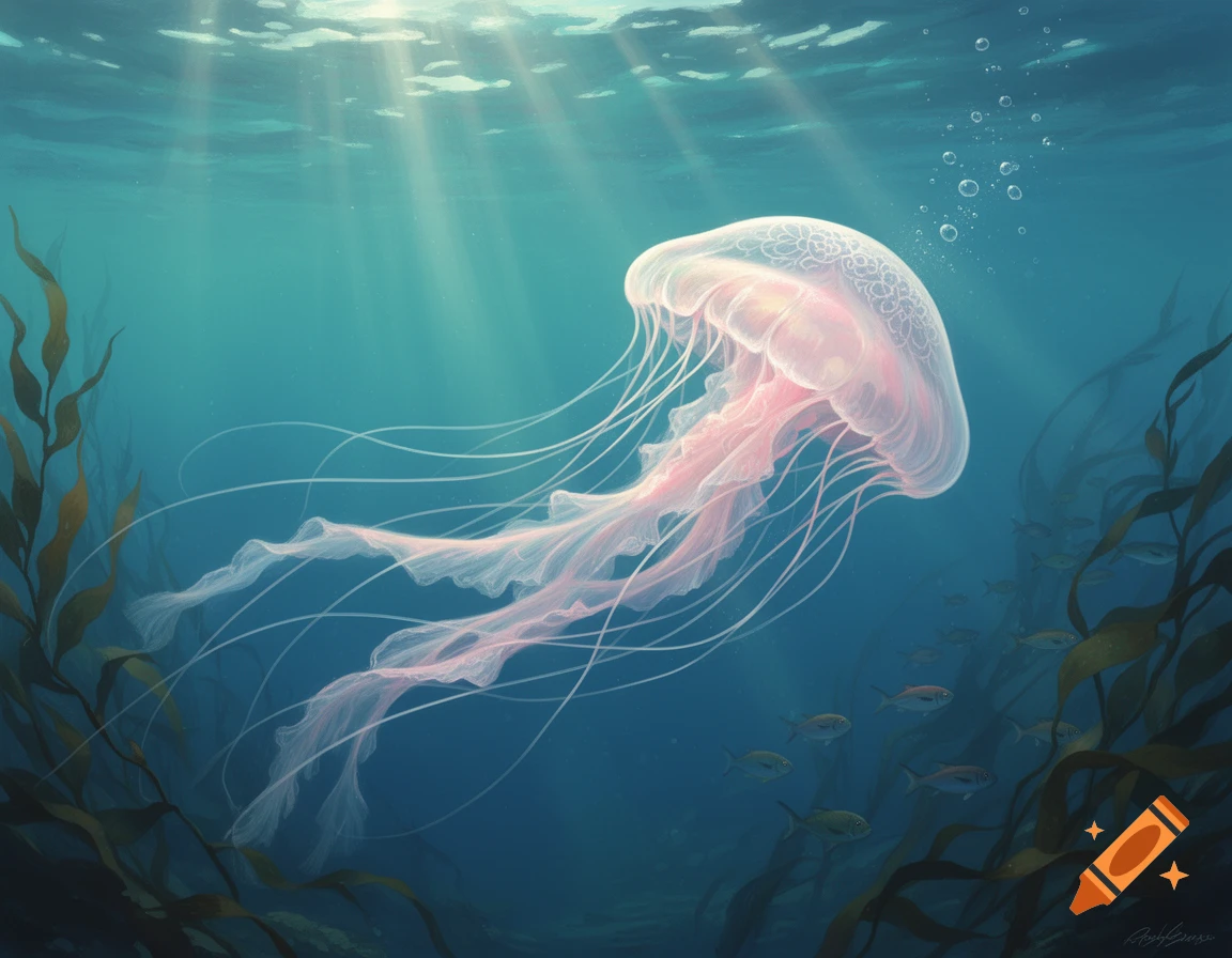 Realistic illustration of a pink jellyfish with flowing tentacles, illuminated by sun rays in clear blue ocean water with kelp and small fish.