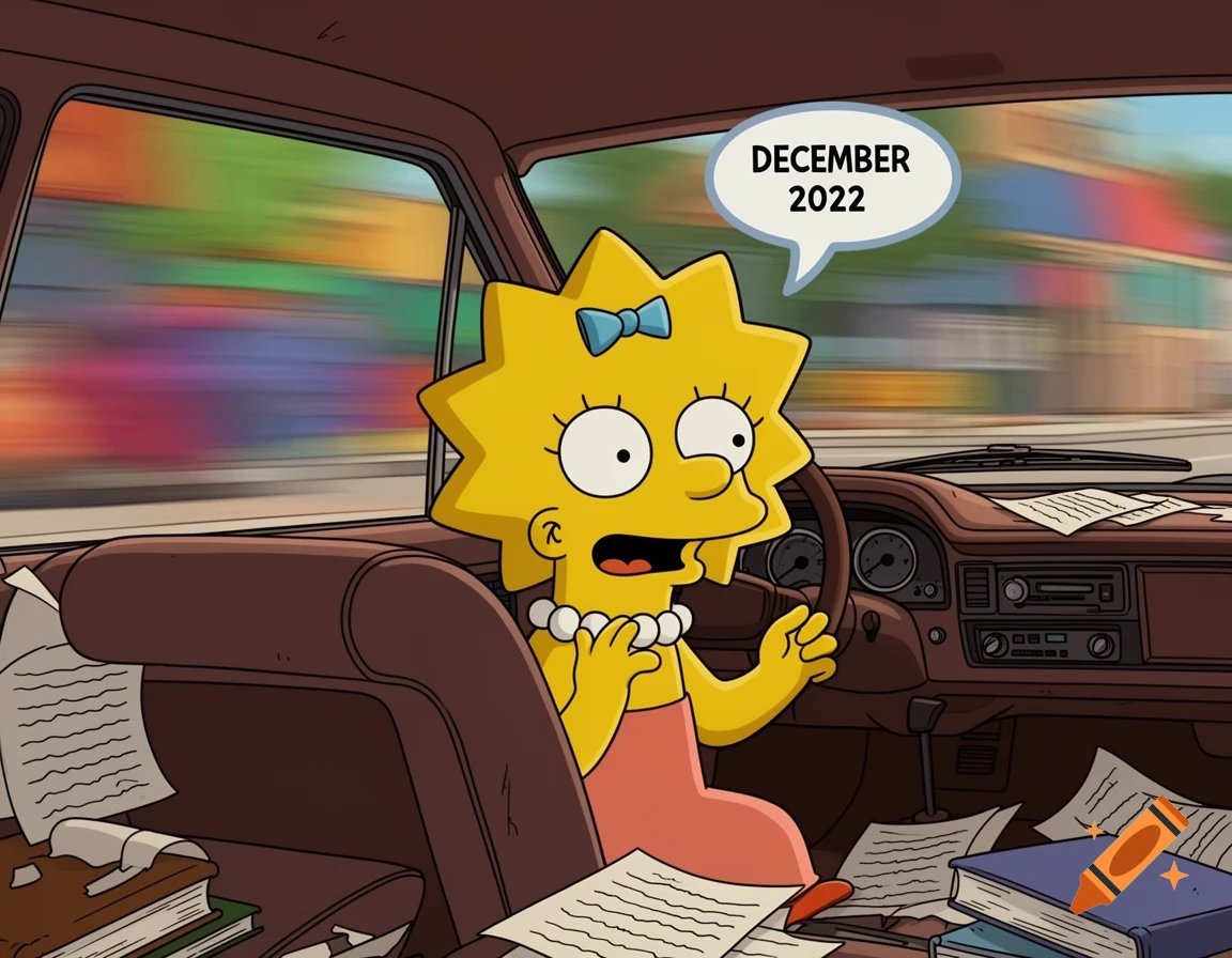 Lisa Simpson with a shocked expression in a cluttered car interior, with a speech bubble saying 'DECEMBER 2022', in a cartoon style.