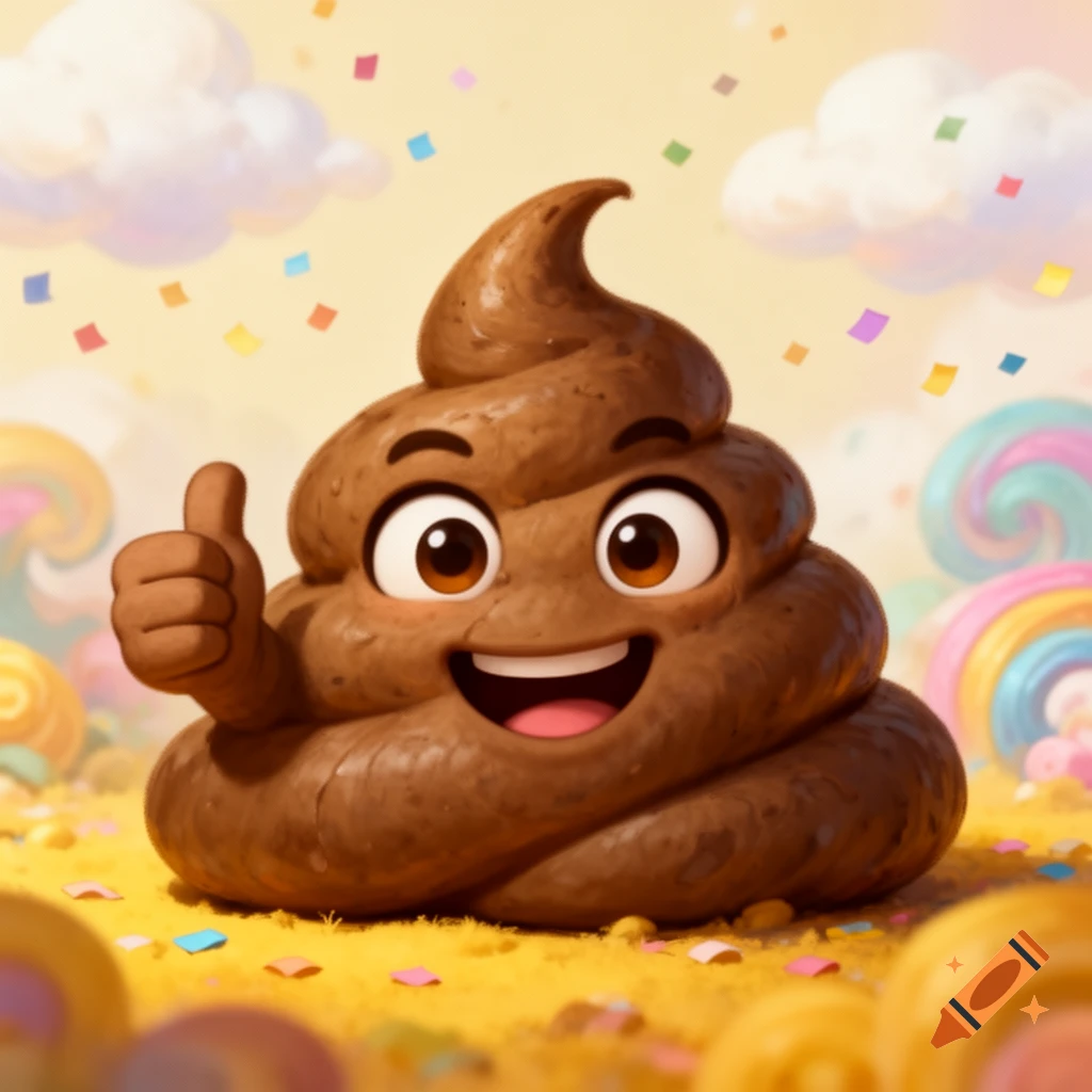 A cheerful cartoon poop emoji with a smiling face, big eyes, and a thumb up, surrounded by colorful confetti and candy in a whimsical setting.
