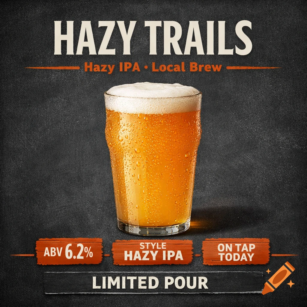 Advertisement for Hazy Trails Hazy IPA featuring a glass of beer with condensation on a dark chalkboard background.