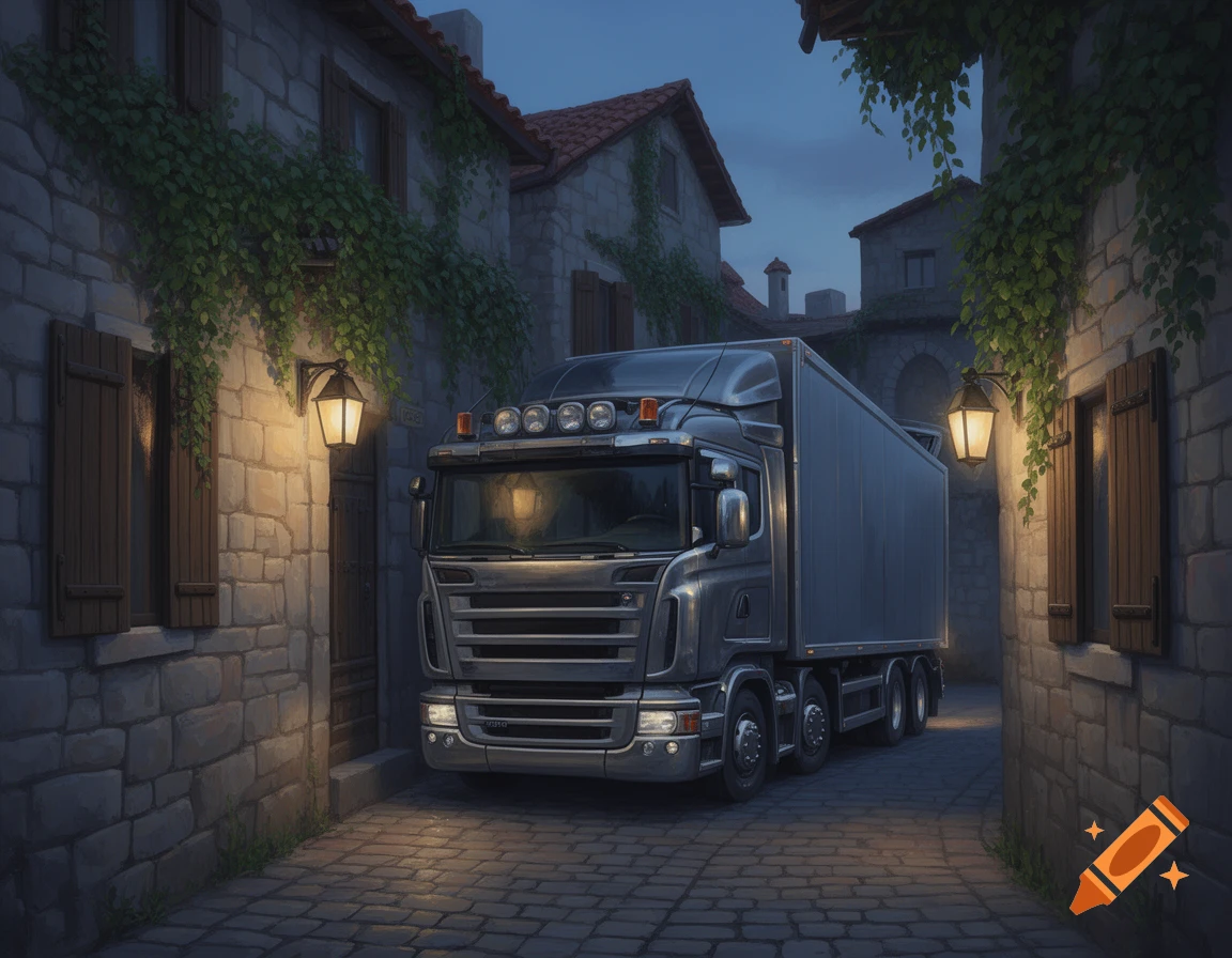 A grey semi-truck with a silver cab is parked in a narrow, cobblestone alleyway at night, illuminated by glowing wall lanterns mounted on old stone buildings covered in ivy.