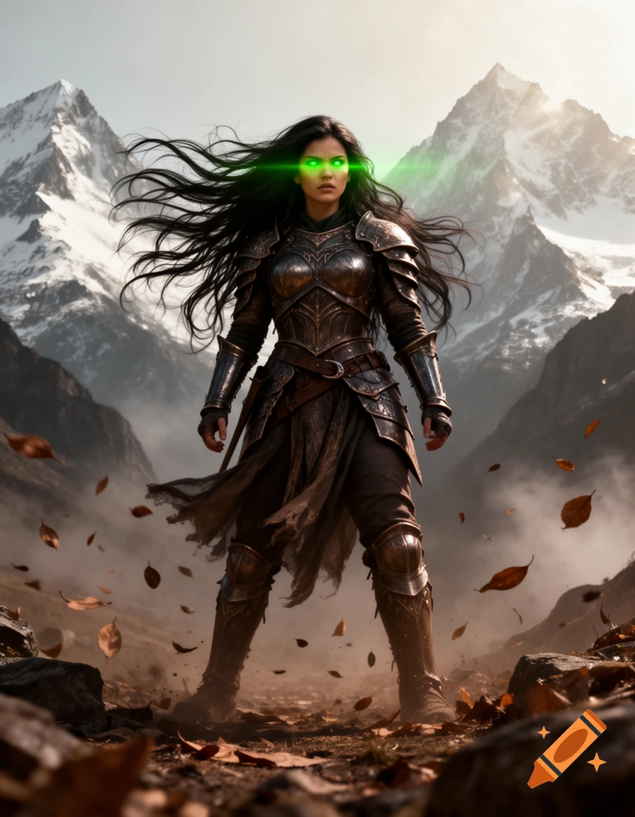 Photorealistic female warrior with long dark hair and glowing green ...