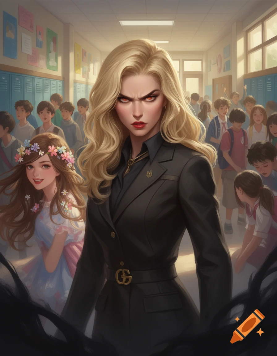 An angry blonde woman in a black suit with red eyes stands in a school hallway, with a smiling girl wearing a floral crown and other students in the background, anime art style.