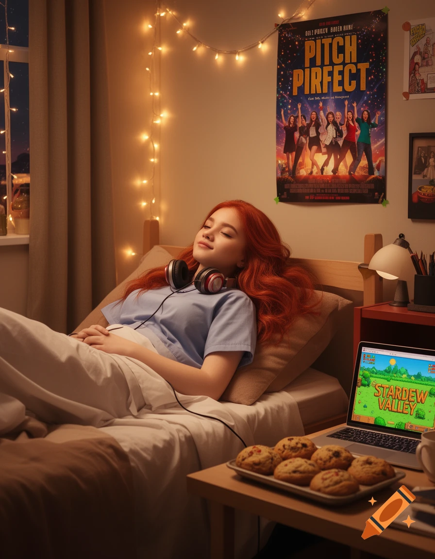 A red-haired woman rests in bed with headphones, a laptop playing Stardew Valley, cookies, and a Pitch Perfect poster. Photorealistic.