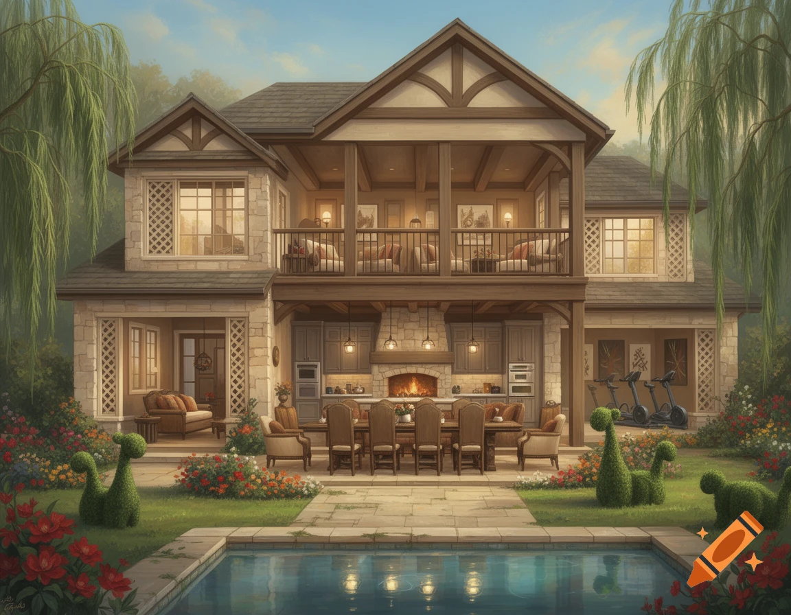 A large, two-story country-style house with stone and timber accents, a lush garden, pool, outdoor dining area, and topiary animals.