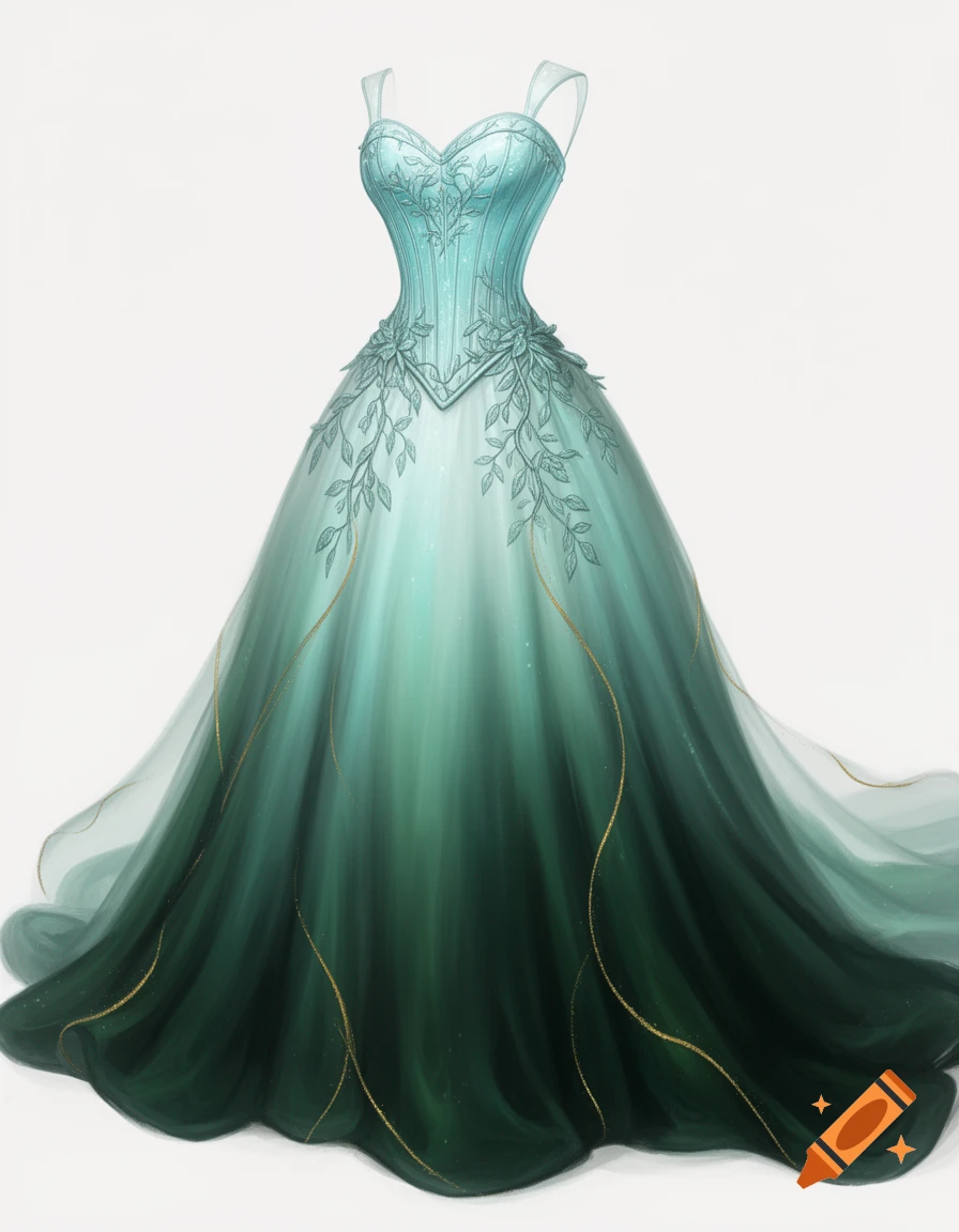 A flowing ombre ball gown with a teal corset top and a skirt fading from seafoam to forest green, adorned with leafy embroidery and gold accents.