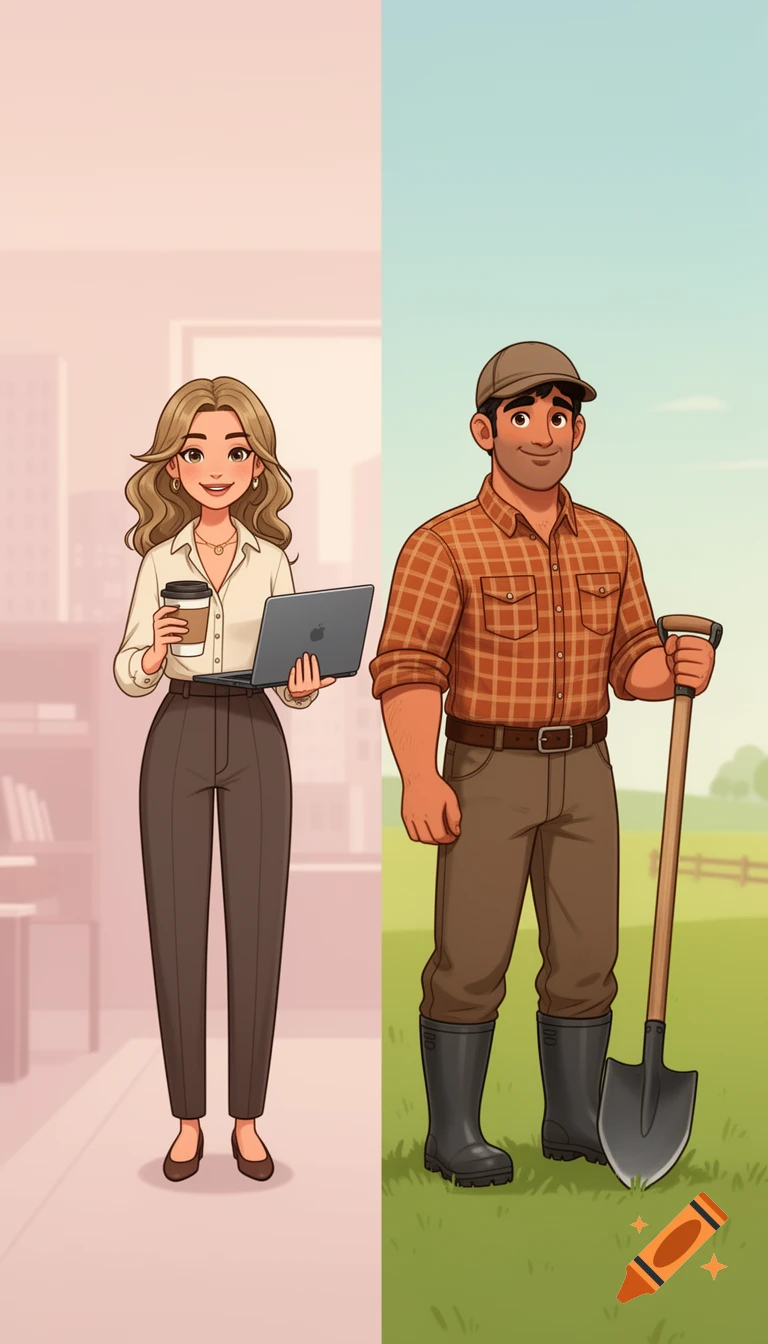 Stylized cartoon illustration of a businesswoman holding a laptop and coffee next to a farmer holding a shovel, depicting contrasting lifestyles.