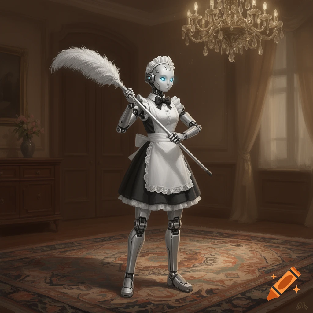 A robot maid in a uniform holds a feather duster, standing in a richly decorated room with a chandelier.